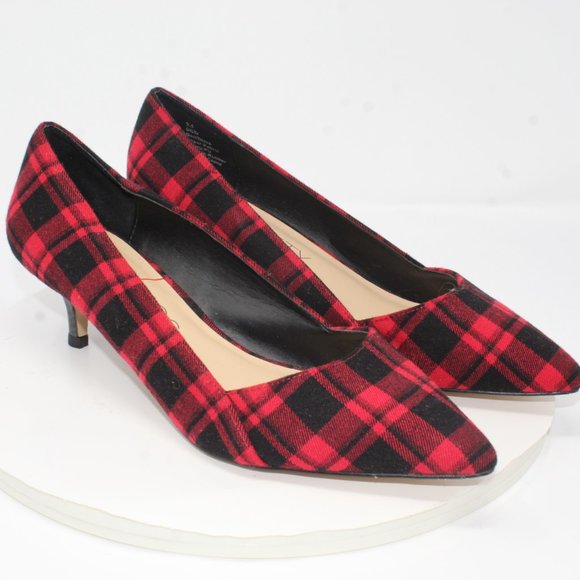 Sole Society Womens Sz 9.5M Desi Red Black Buffalo Plaid Slip On Kitten Heels - Picture 3 of 9